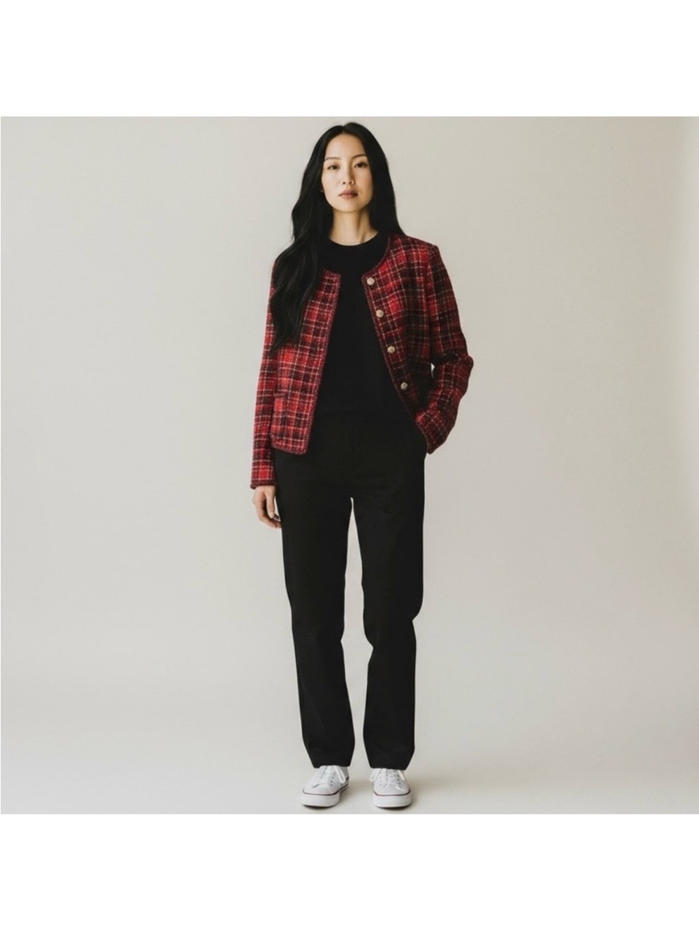 Adrianna Papell Tweed Crewneck Jacket Blazer Red Black Plaid Women’s Medium